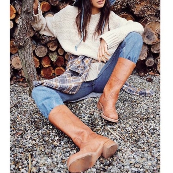 $599 Frye Campus 14L Cognac Leather Block Heel Square Knee High Tall Cowboy Boot - Picture 1 of 15